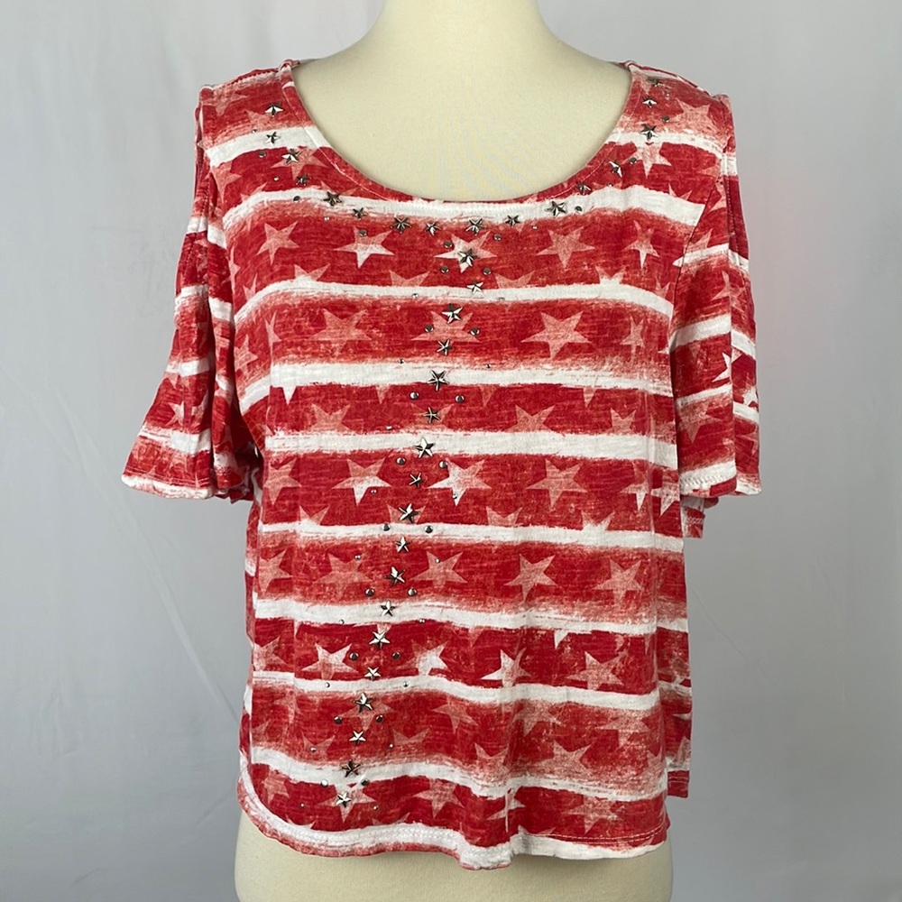 Onque Patriotic Off Shoulder Bell Sleeved Crop Top w/Silver Star Studs - Large